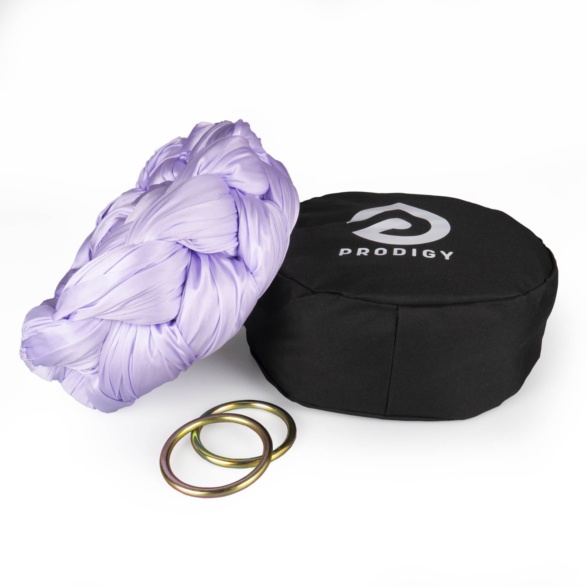 Prodigy aerial sling and O rings and bag - lilac sling resting on hammock bag