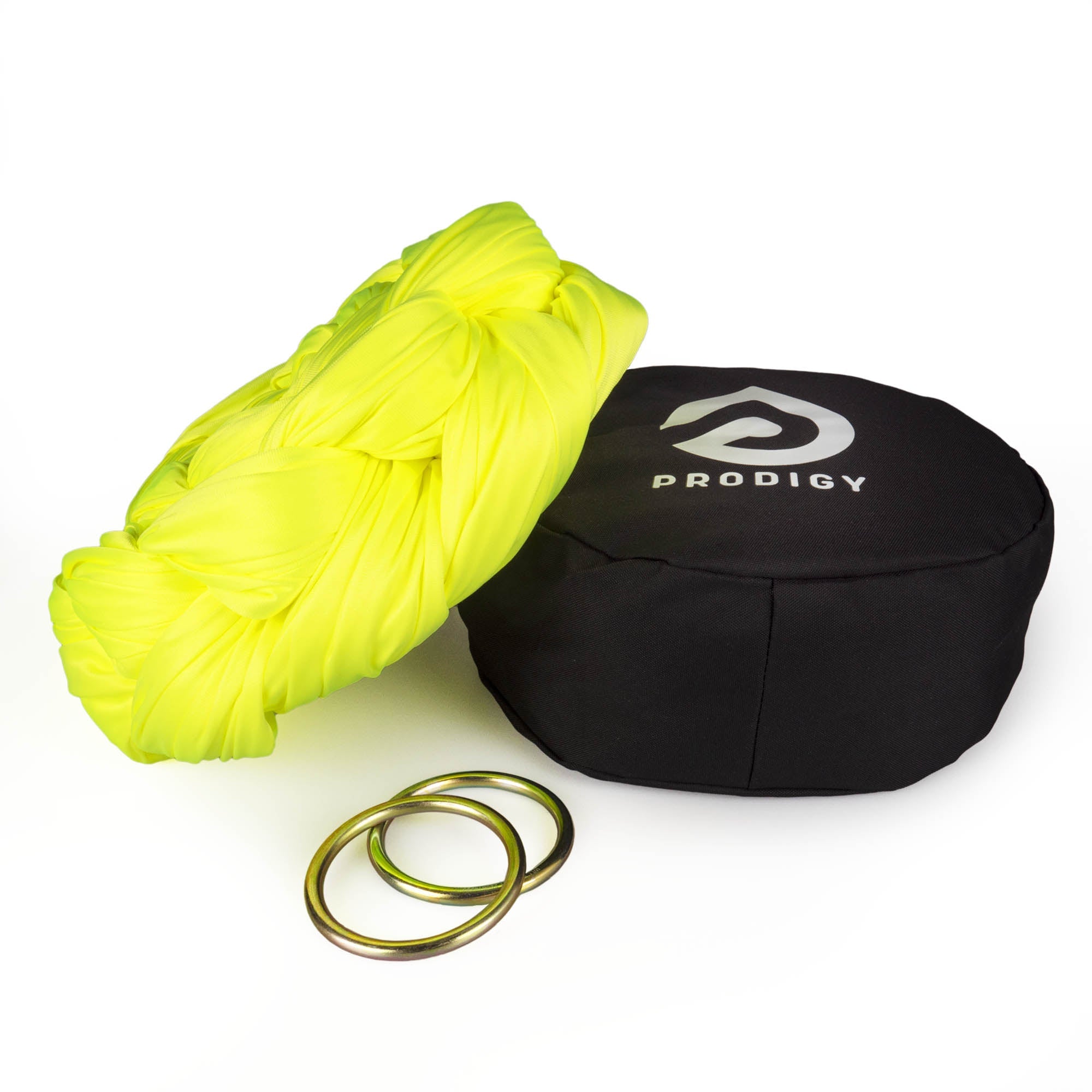 Prodigy aerial sling and O rings and bag - neon yellow sling resting on hammock bag