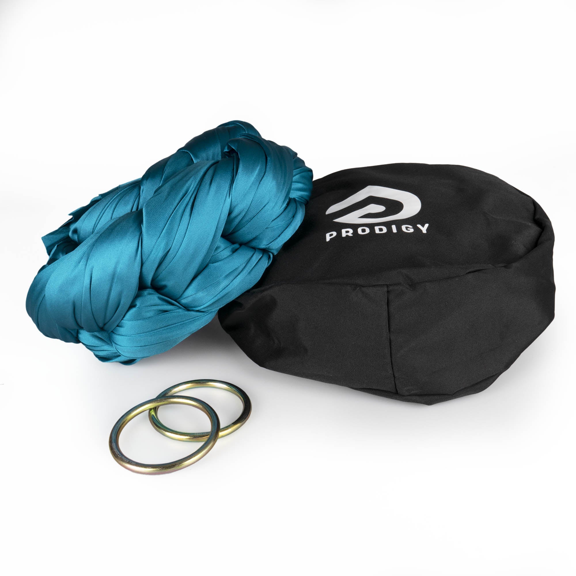 Prodigy aerial sling and O rings and bag - pine green sling resting on hammock bag