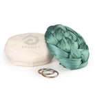 Jade yoga hammock resting on eco bag with O-rings laying in front