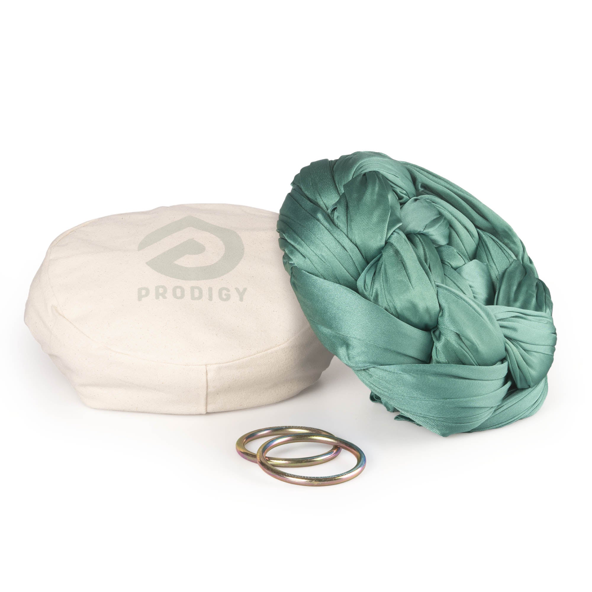 Prodigy aerial sling and O rings and bag - jade sling resting on hammock bag