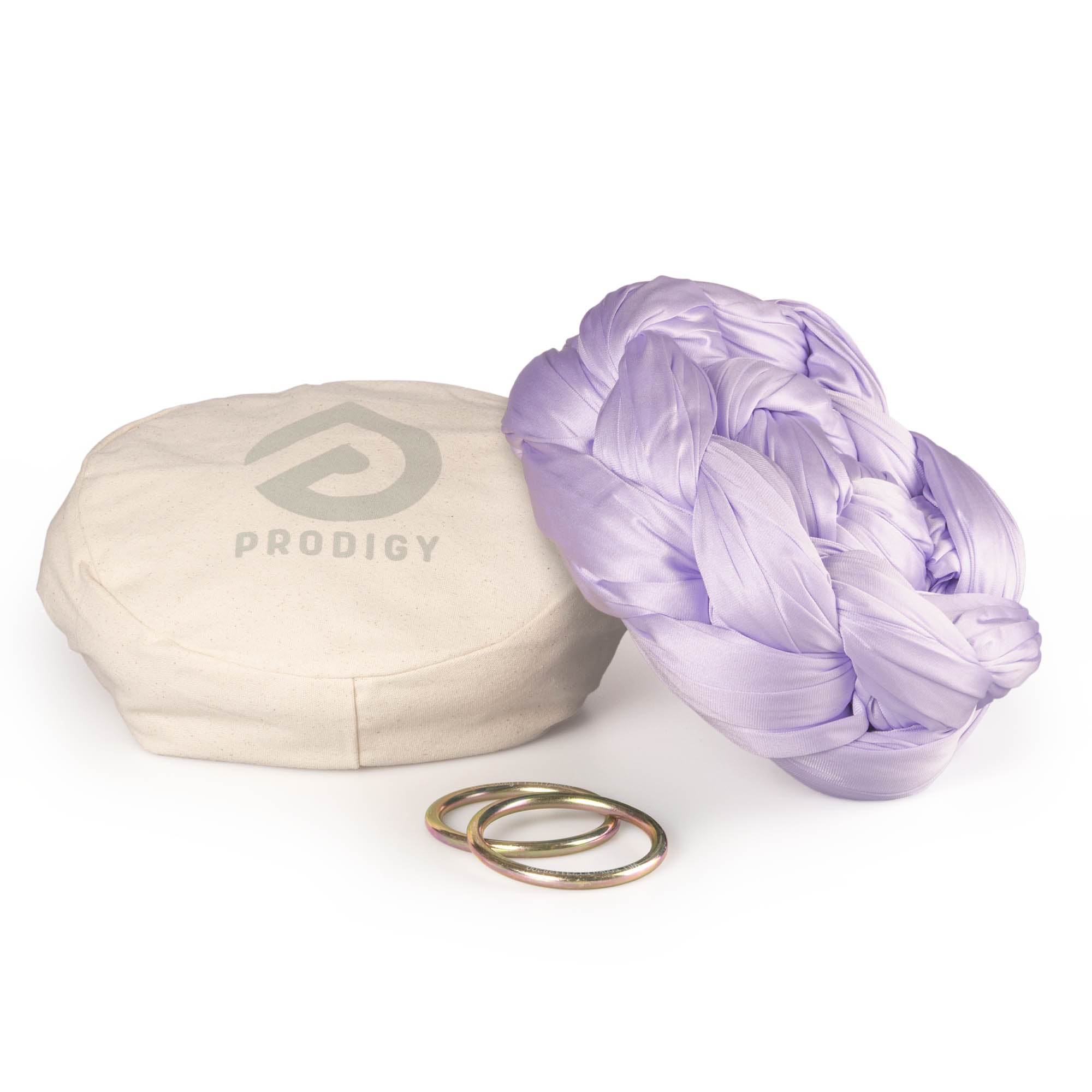 Lilac Aerial Sling resting on eco bag with O-rings laying in front