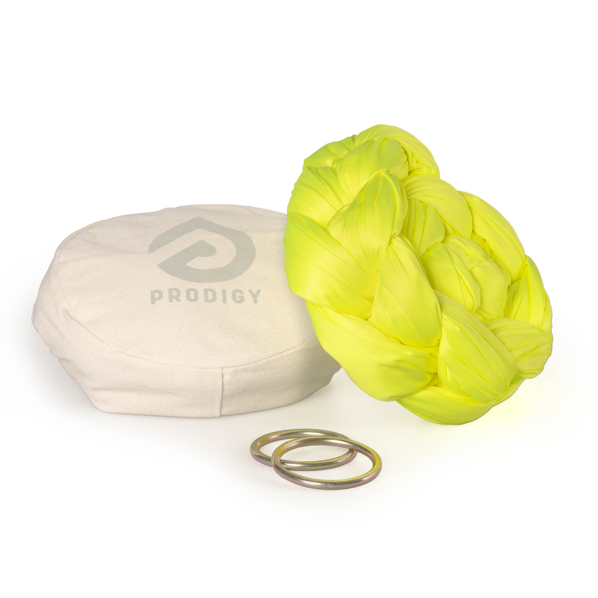 Neon yellow Aerial Sling resting on eco bag with O-rings laying in front