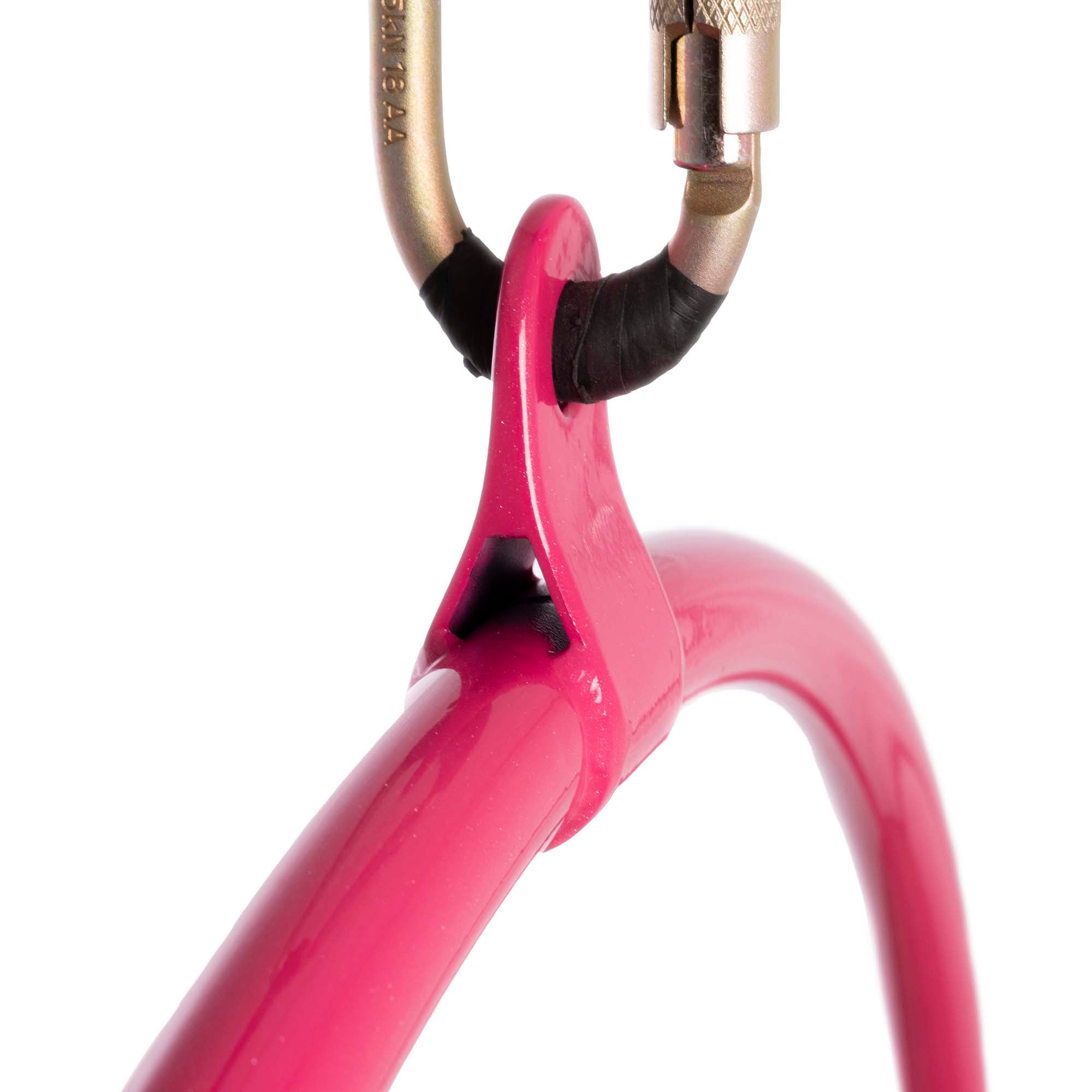 close up of pink 1 point hoop tab with carabiner