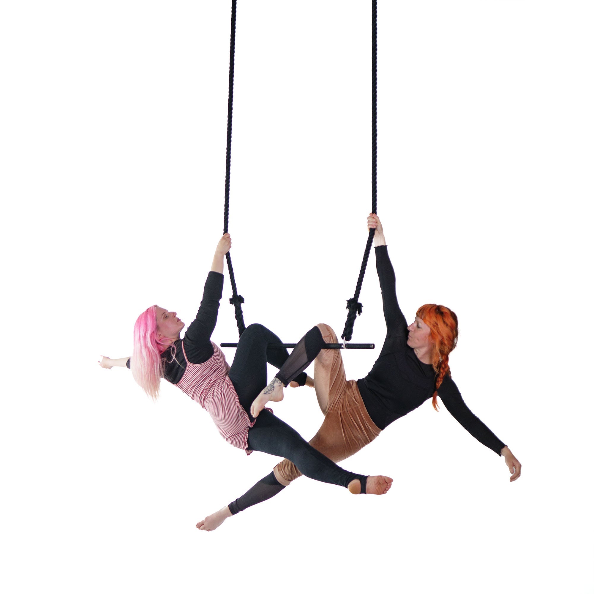 performers on extended trapeze