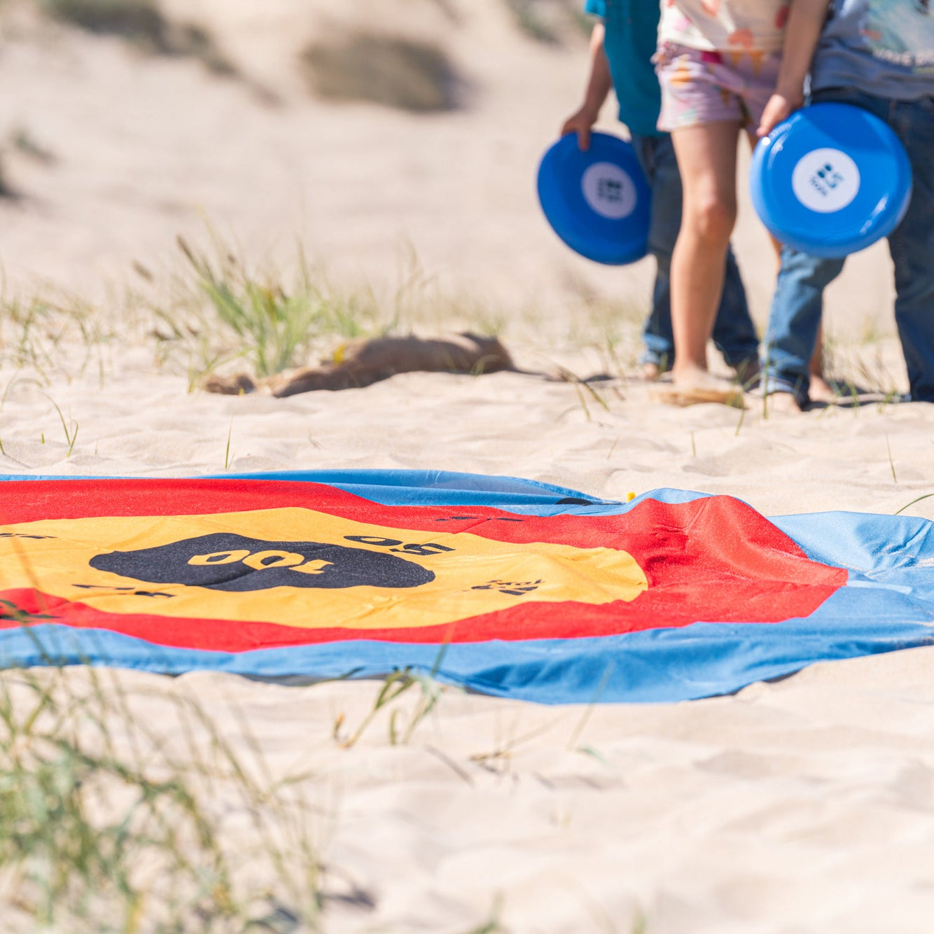 Scoring mat on sand with people holding frisbees in the background