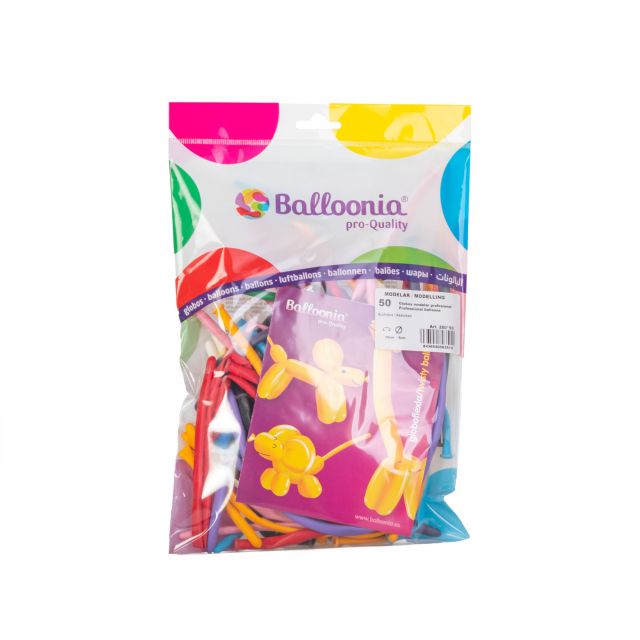 Balloonia Modelling Balloons -  Bag of 50 Balloons + booklet - Assorted Colours - Size 260
